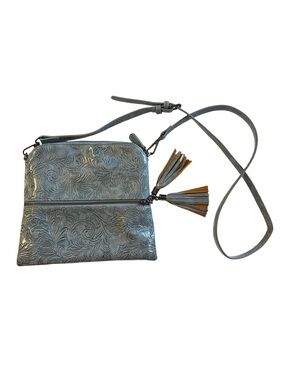 Embossed Floral Crossbody Bag with Tassel - Blue